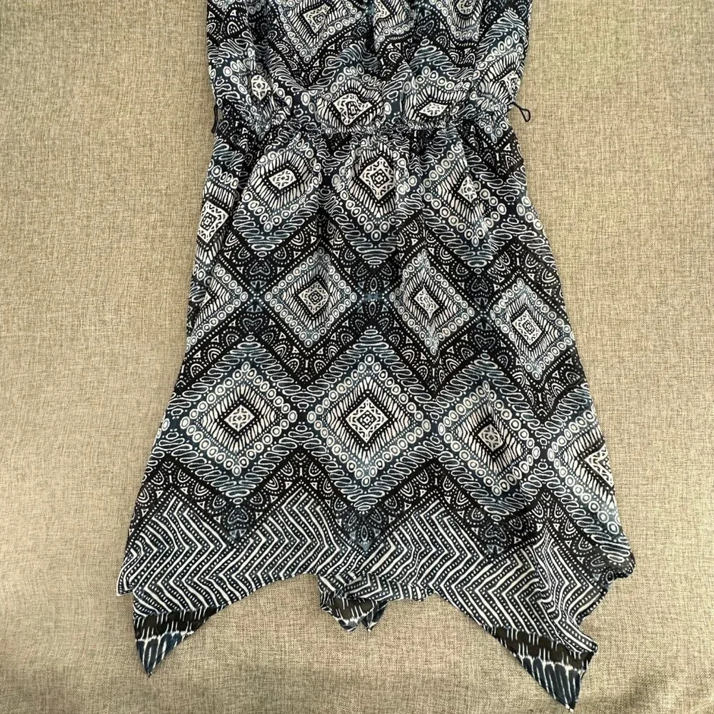 AB‎ Studio Asymmetrical Dress Medium Blue Sleeveless Sheer Print Overlay Lined
